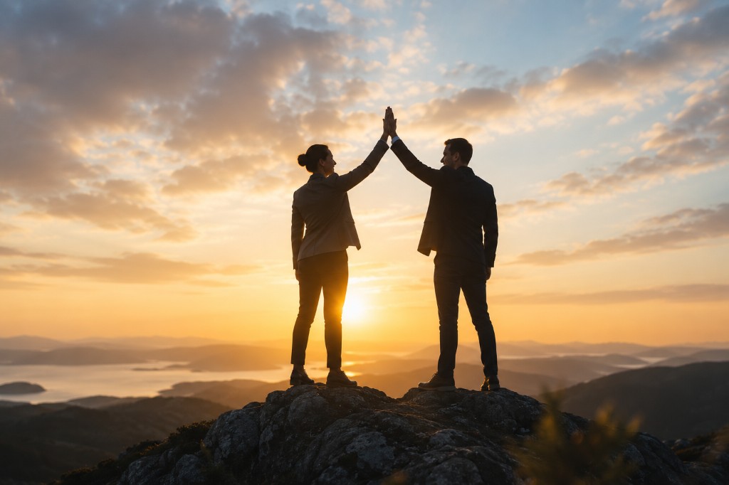 To personer som feirer med high-five på et fjell — symbol på samarbeid og felles suksess